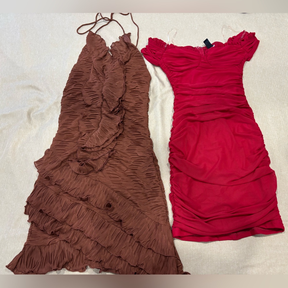 RED WINDSOR DRESS XS and BROWN ZARA RUFFLE DRESS XS